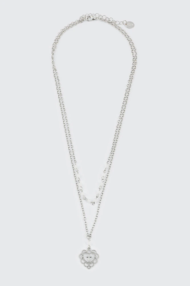 Ardene 2-Row Necklace with Heart Cross Pendant in Silver