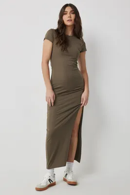 Ardene Jersey Maxi Dress With Slit in Brown | Size | Polyester/Spandex