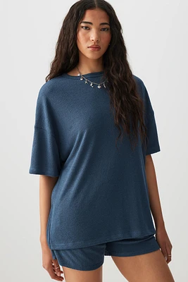Ardene Long Boxy Crew Neck T-Shirt in Dark Blue | Size | Polyester/Viscose