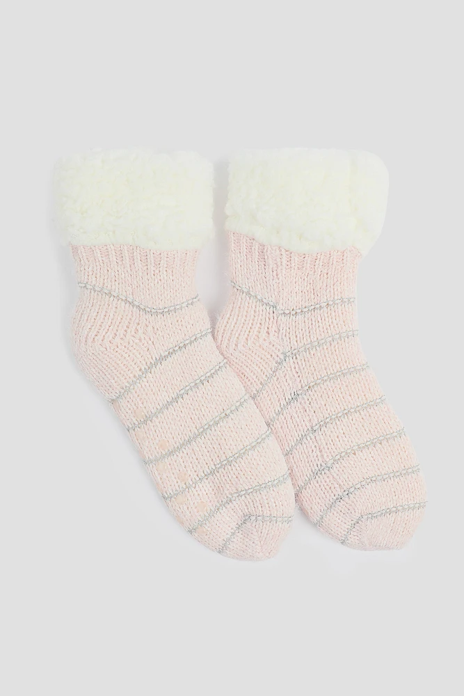 Ardene Striped Slipper Socks in Light Pink | Polyester/Spandex