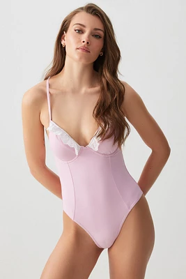 Ardene Lace Trim One Piece Swimsuit in Light Pink | Size | Polyester/Nylon/Elastane | Microfiber