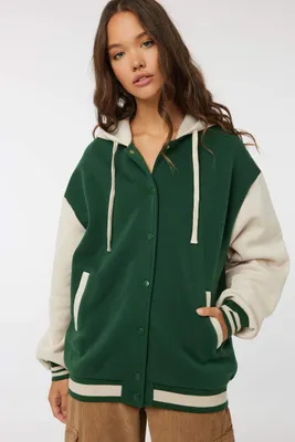 Ardene Hooded Varsity Jacket in Dark Green | Size | Polyester