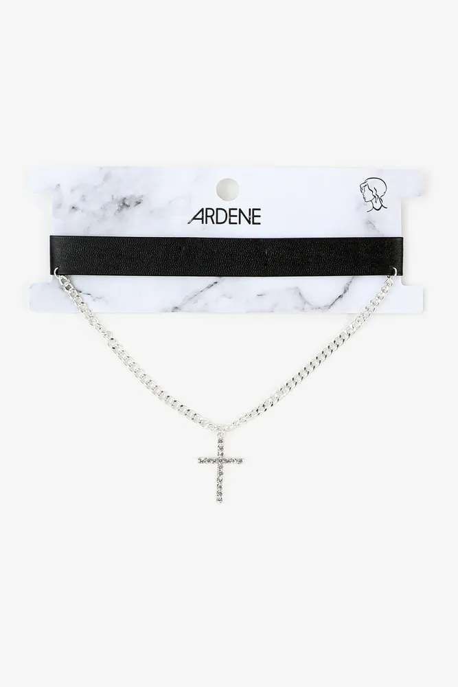 Ardene Faux Leather Choker with Cross Pendant in Silver