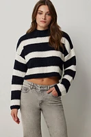 Ardene Striped Chenille Mock Neck Sweater in Dark Blue | Size | Polyester/Nylon