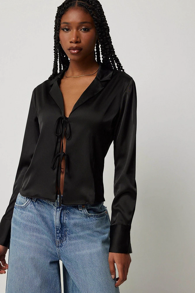 Ardene Tie Front Satin Shirt in Black | Size | Polyester