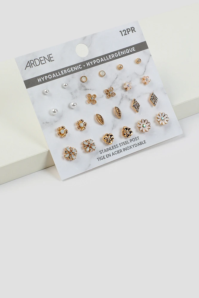 Ardene 12-Pack Assorted Stud Earrings in Gold | Stainless Steel