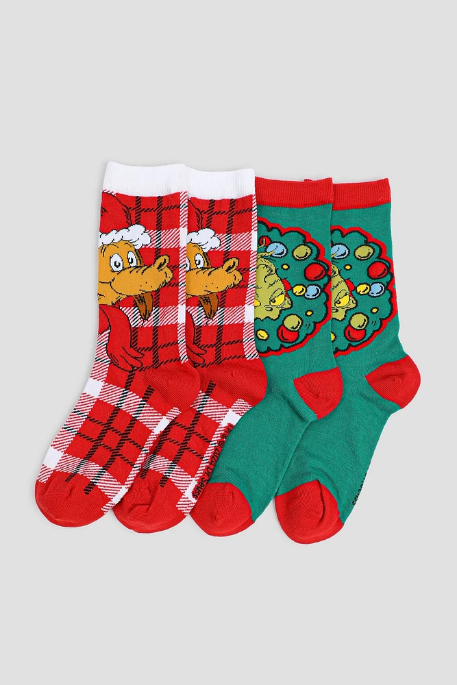 Ardene 2-Pack The Grinch & Max Crew Socks in Red | Polyester/Spandex