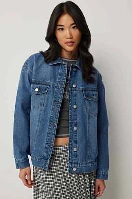 Ardene Oversized Jean Jacket in Medium Blue | Size | 100% Cotton