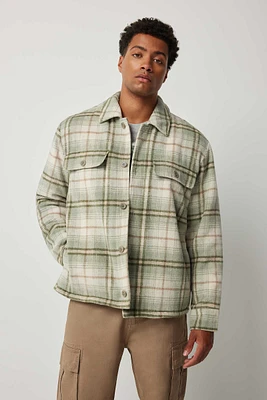 Ardene Man Faux Fur Lined Plaid Shacket For Men in Sage | Size | 100% Recycled Polyester