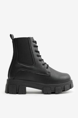 Ardene Lace Up Chelsea Boots on Lug Sole in | Size | Faux Leather/Rubber