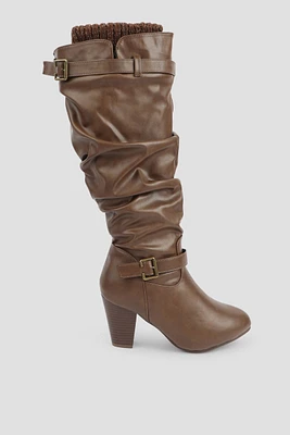 Ardene Tall Heeled Boots with Sock Collar in Brown | Size | Faux Leather