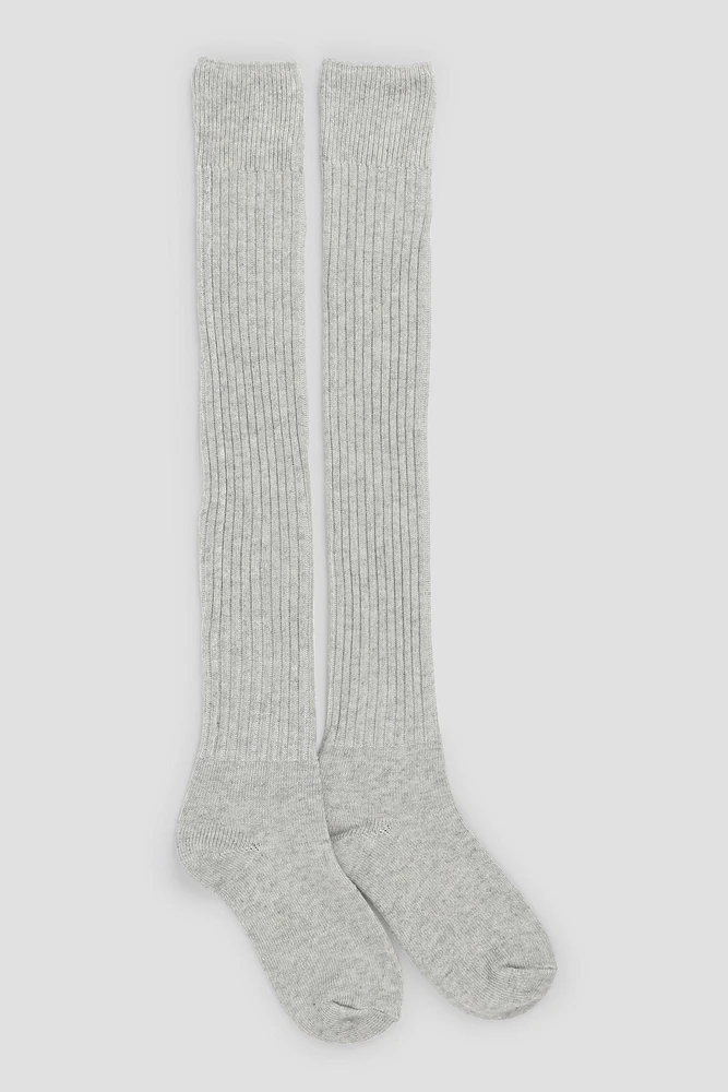 Ardene Ribbed Over-the-Knee Socks in Grey | Polyester/Spandex