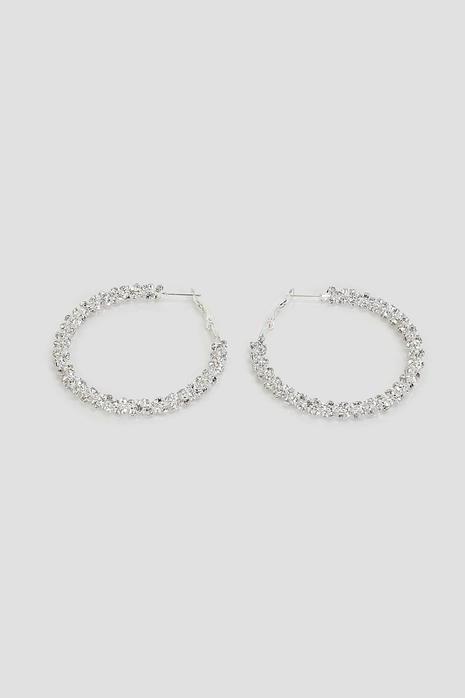 Ardene MM Rhinestone Hoop Earrings in Silver | Stainless Steel