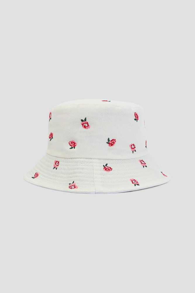 Ardene Rose Embroidery Bucket Hat in White