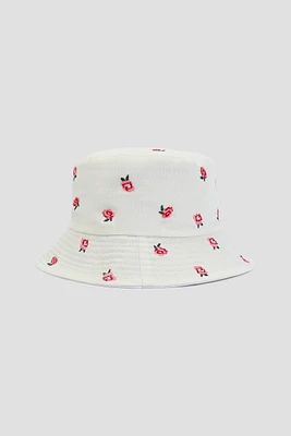 Ardene Rose Embroidery Bucket Hat in White