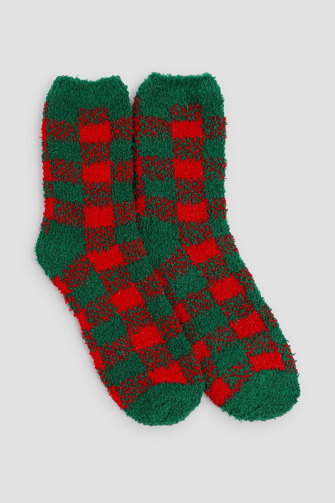 Ardene Plaid Cozy Socks in Dark Green | Polyester/Spandex