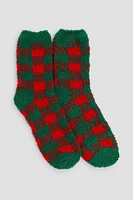 Ardene Plaid Cozy Socks in Dark Green | Polyester/Spandex