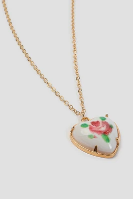 Ardene Rose Print Vintage Heart Necklace in Gold