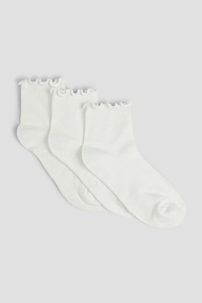 Ardene 3-Pack Ruffled Edge Demi Crew Socks in White | Polyester/Spandex