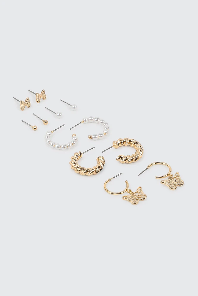 Ardene 6-Pack Pearl & Butterfly Earrings in Gold | Stainless Steel