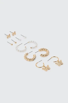 Ardene 6-Pack Pearl & Butterfly Earrings in Gold | Stainless Steel