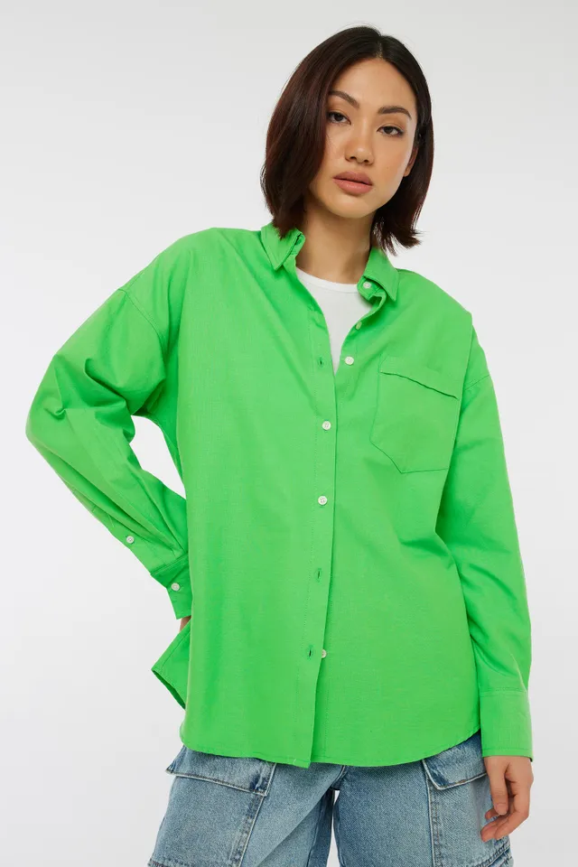 Ardene Long Oxford Shirt in Green | Size | Polyester/Cotton