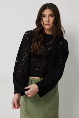 Ardene Boxy Open Stitch Sweater in Black | Size | 100% Acrylic