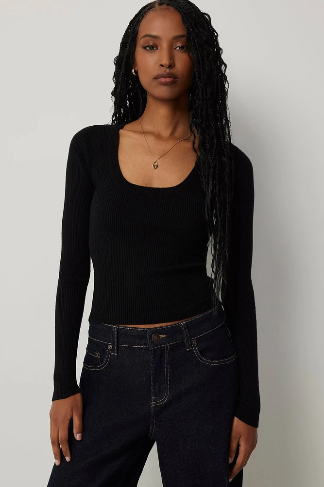 Ardene Crop Scoop Neck Sweater in Black | Size | Polyester/Nylon/Viscose