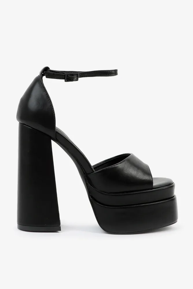 Ardene A.C.W. Open Toe Platform Heels in Black | Size | Faux Leather