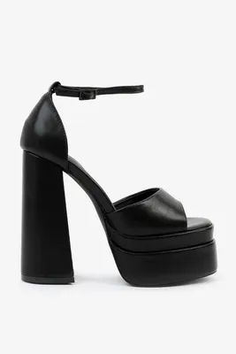 Ardene A.C.W. Open Toe Platform Heels in Black | Size | Faux Leather/Rubber