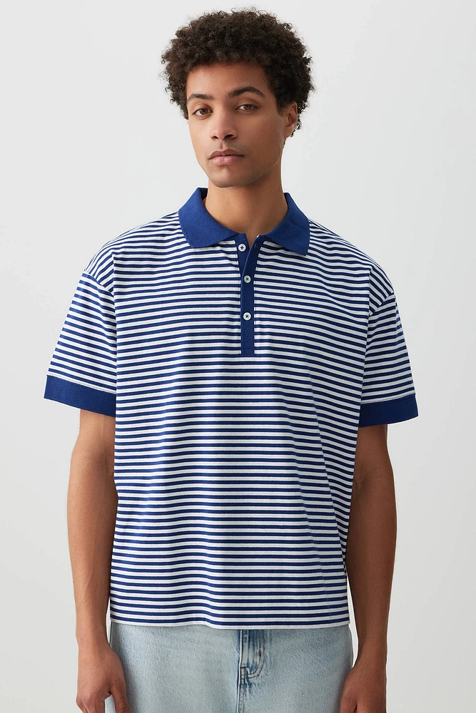 Ardene Man Striped Boxy Polo Shirt For Men in Medium Blue | Size | 100% Cotton