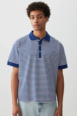 Ardene Man Striped Boxy Polo Shirt For Men in Medium Blue | Size | 100% Cotton