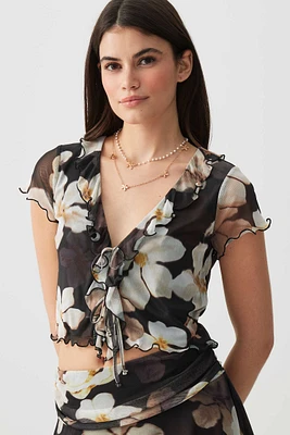Ardene Floral Tie Front Mesh Top in Black | Size | Polyester/Elastane