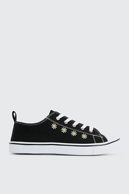 Ardene Daisy Embroidered Low Top Sneakers in Black | Size | Eco-Conscious