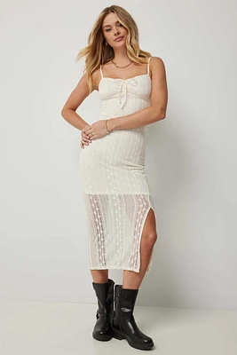 Ardene Midi Lace Slip Dress with Slit in Beige | Size | Nylon/Spandex