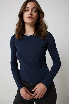 Ardene Basic Crop Long Sleeve T-Shirt in Dark Blue | Size | Cotton/Elastane | Eco-Conscious