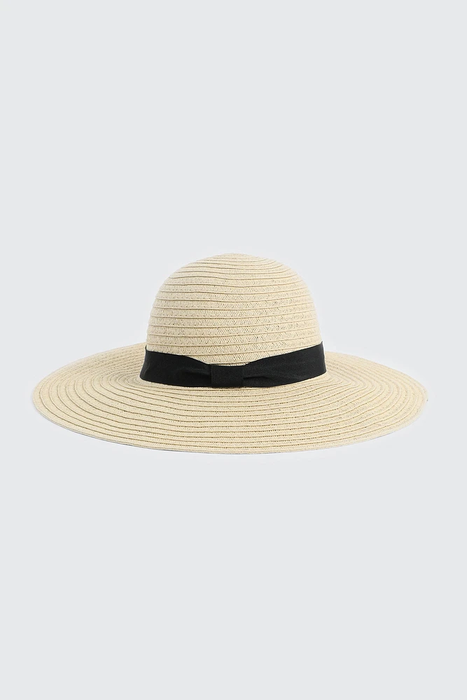 Ardene Wide Brim Straw Hat with Ribbon in Beige