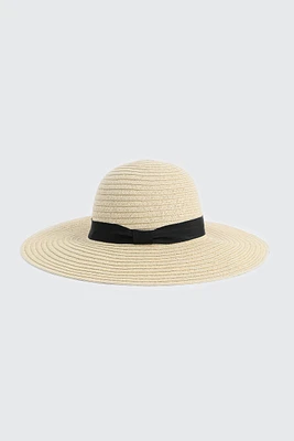 Ardene Wide Brim Straw Hat with Ribbon in Beige
