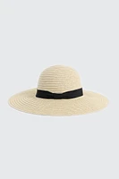 Ardene Wide Brim Straw Hat with Ribbon in Beige