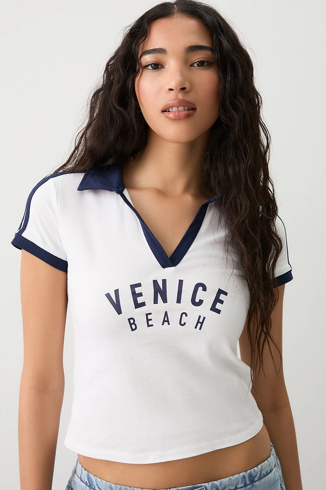 Ardene Graphic Striped Polo Shirt in White | Size | Cotton/Elastane