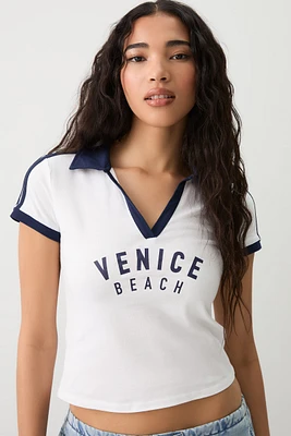 Ardene Graphic Striped Polo Shirt in White | Size | Cotton/Elastane