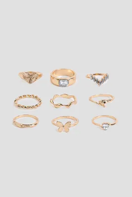 Ardene 9-Pack Butterfly & Stone Rings in Gold | Size Small