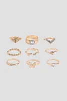 Ardene 9-Pack Butterfly & Stone Rings in Gold | Size Small