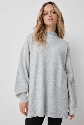 Ardene Mock Neck Tunic Sweater in Light Grey | Size | Polyester/Nylon/Elastane | Eco-Conscious