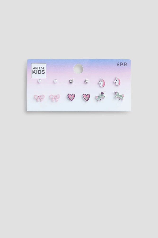 Ardene Kids 6-Pack Unicorn & Heart Stud Earrings in Light Pink | Stainless Steel