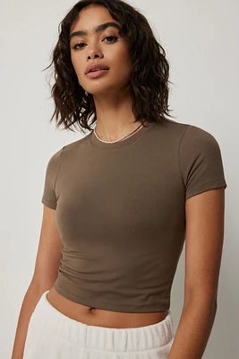 Ardene Ultra Crop Cap Sleeve T-Shirt in Brown | Size | Polyester/Elastane