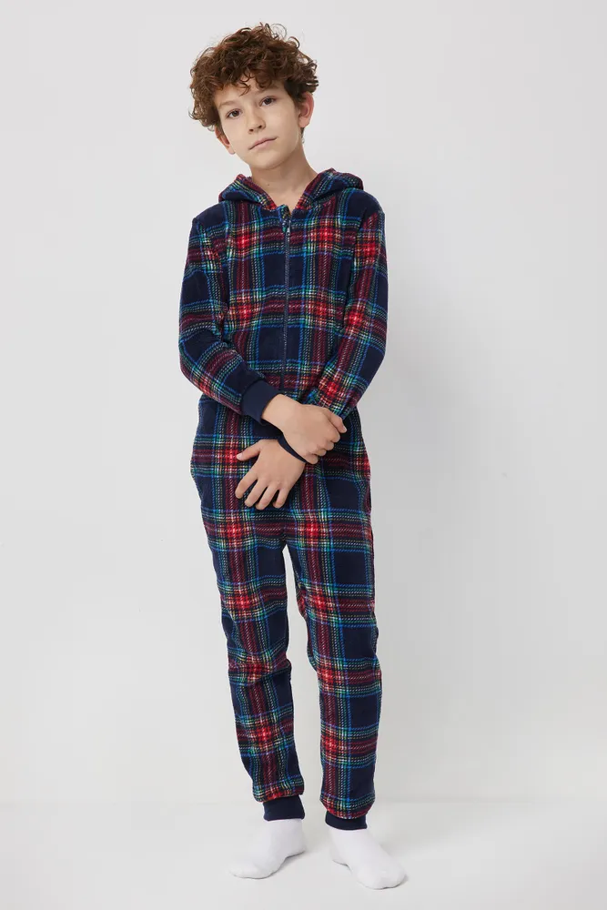 Ardene Kids Plush Plaid Onesie for Kids in Dark Blue | Size | 100% Recycled  Polyester | Eco-Conscious