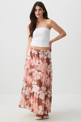 Ardene Printed Tiered Maxi Skirt in Medium Pink | Size | Polyester/Spandex