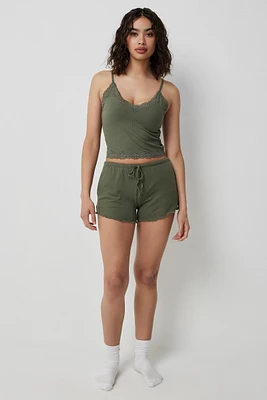 Ardene Lettuce Hem Super Soft PJ Shorts in Dark Green | Size | Polyester/Spandex | Eco-Conscious