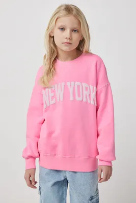 Ardene Destination Crew Neck Sweatshirt in Pink | Size Large | Polyester/Cotton | Fleece-Lined